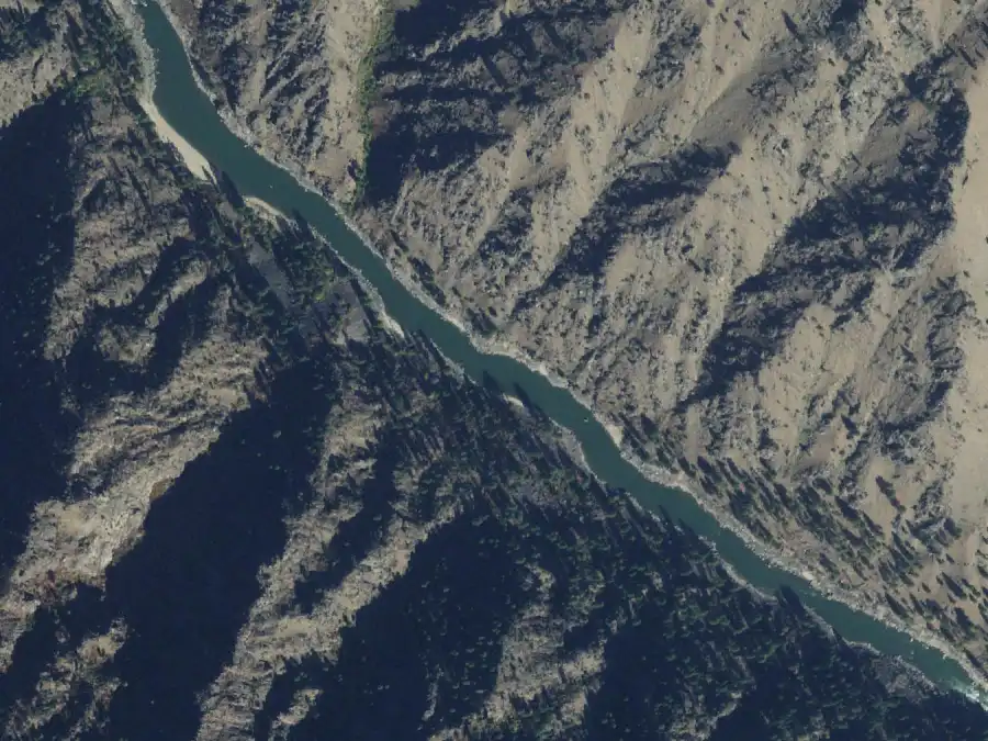 Aerial view of the river around mile 8.6, where Alder Creek is on river left