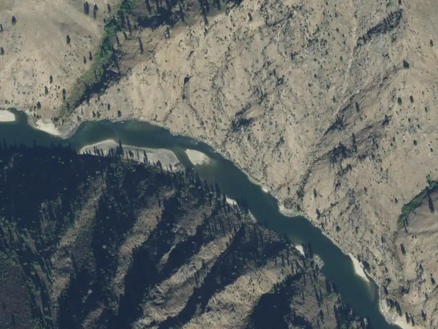 Aerial view of the river around mile 67.2, where Alex Meadows is on river right