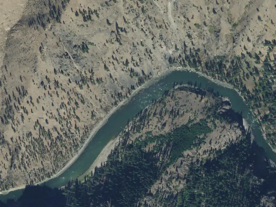 Aerial view of the river around mile 23.1, where Barth Camp is on river left