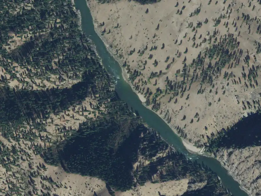 Aerial view of the river around mile 17.9, where Big Squaw Creek is on river right