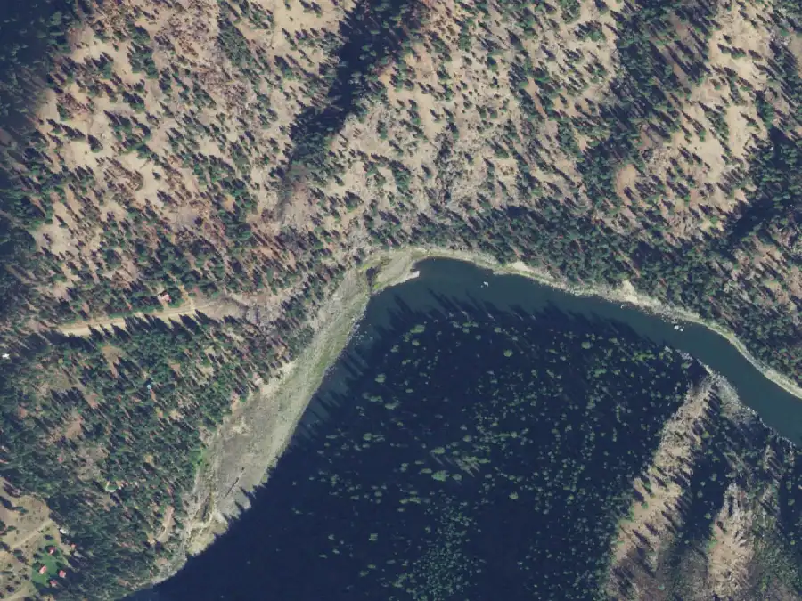 Aerial view of the river around mile 38.3, where Boiler Hole is on river right