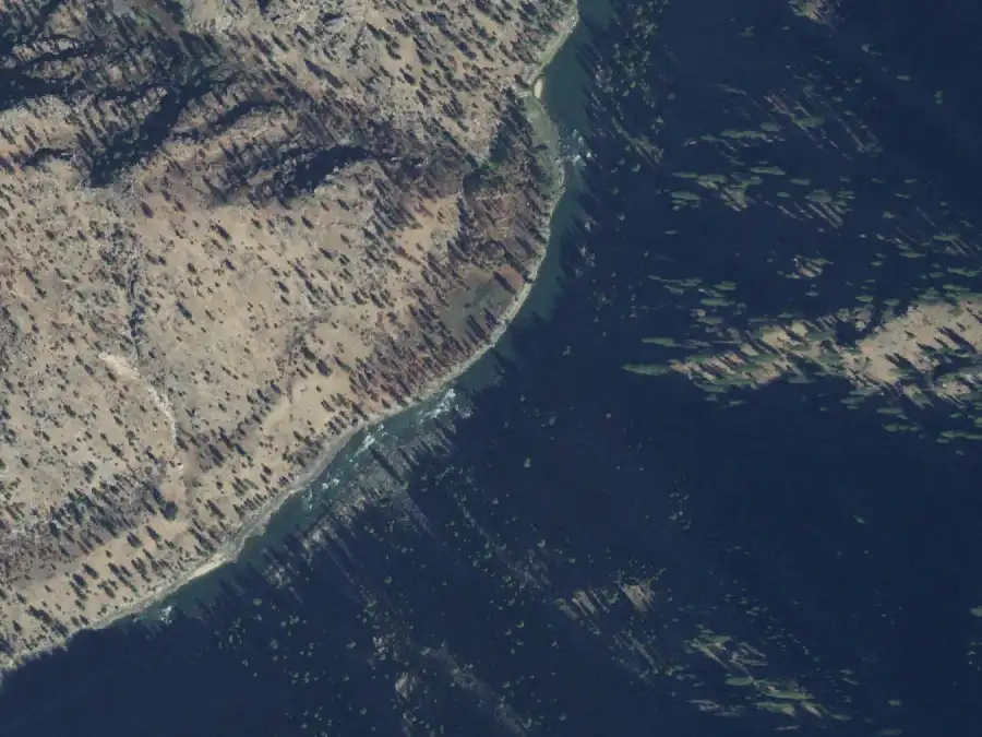Aerial view of the river around mile 49.9, where Boise Bar is on river right