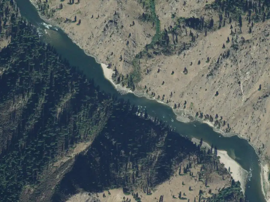Aerial view of the river around mile 71.1, where California Creek is on river left