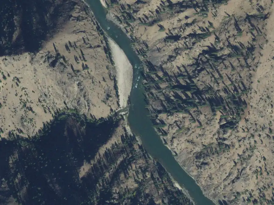 Aerial view of the river around mile 15.4, where Chamberlin Creek is on river left