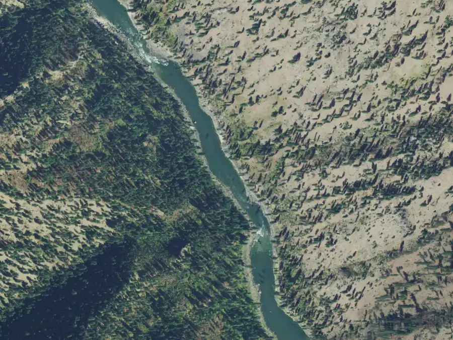 Aerial view of the river around mile 30.5, where Hida Creek is on river left