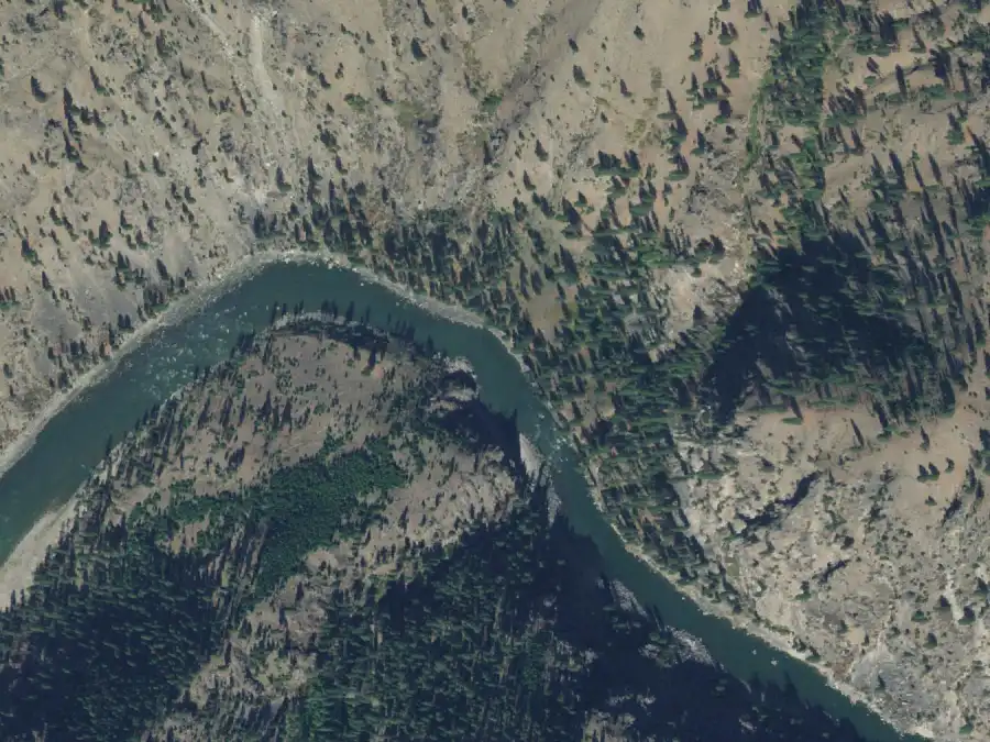 Aerial view of the river around mile 22.8, where Hotsprings Camp is on river left