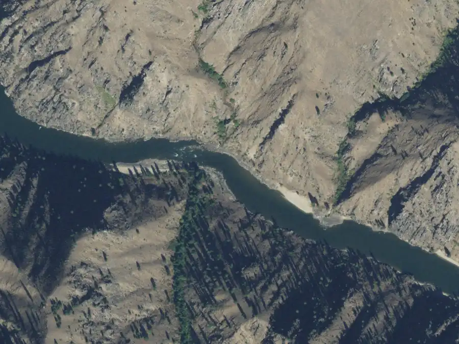 Aerial view of the river around mile 60.3, where Hungry Bar is on river right