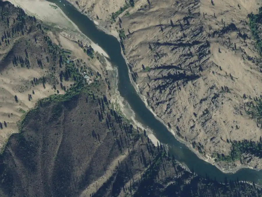 Aerial view of the river around mile 62.2, where Indian Creek Bar is on river right