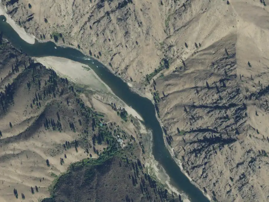 Aerial view of the river around mile 62.4, where James Creek is on river left