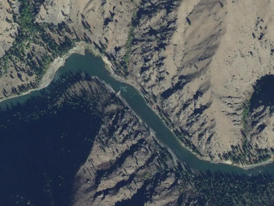 Aerial view of the river around mile 10.7, where Little Squaw Creek is on river right