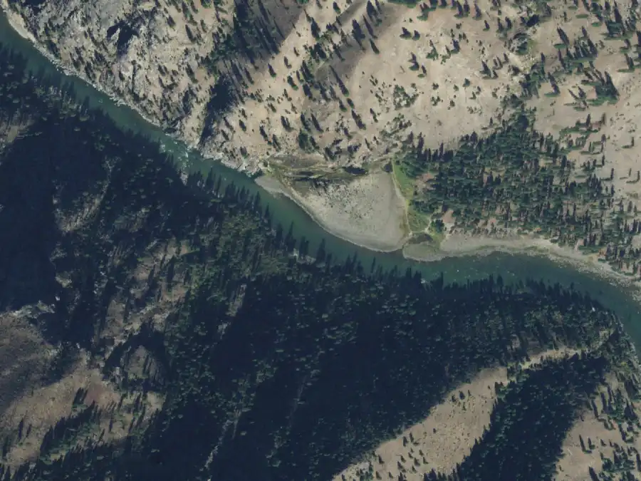 Aerial view of the river around mile 19.7, where Lower Corey Bar is on river right