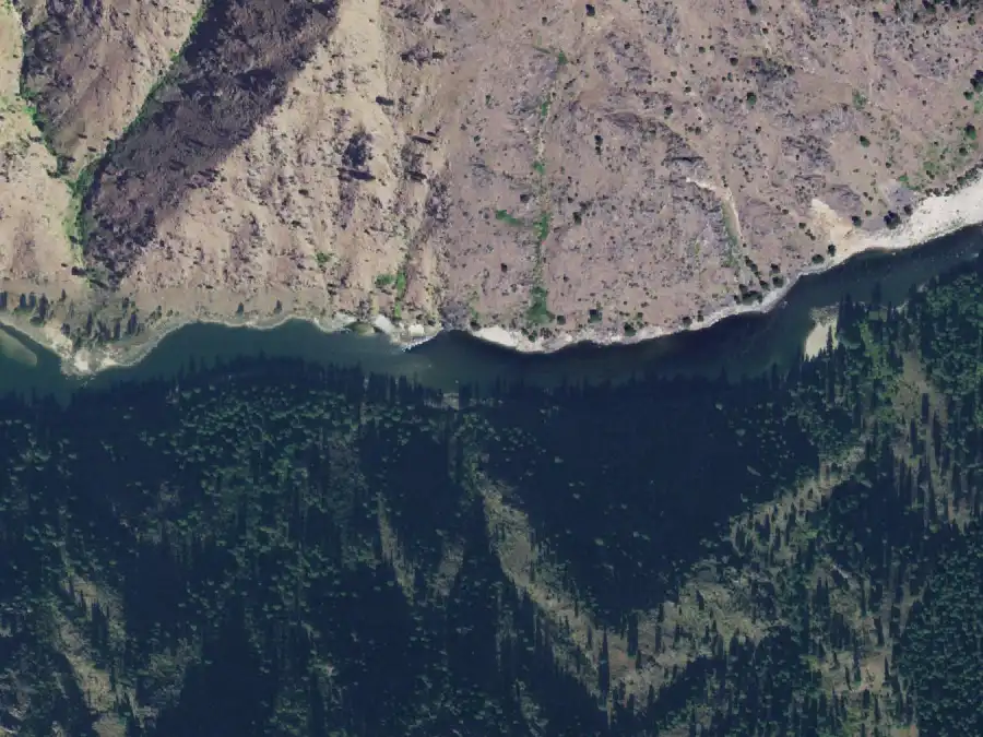 Aerial view of the river around mile 74.1, where Lower Sheep Creek is on river right