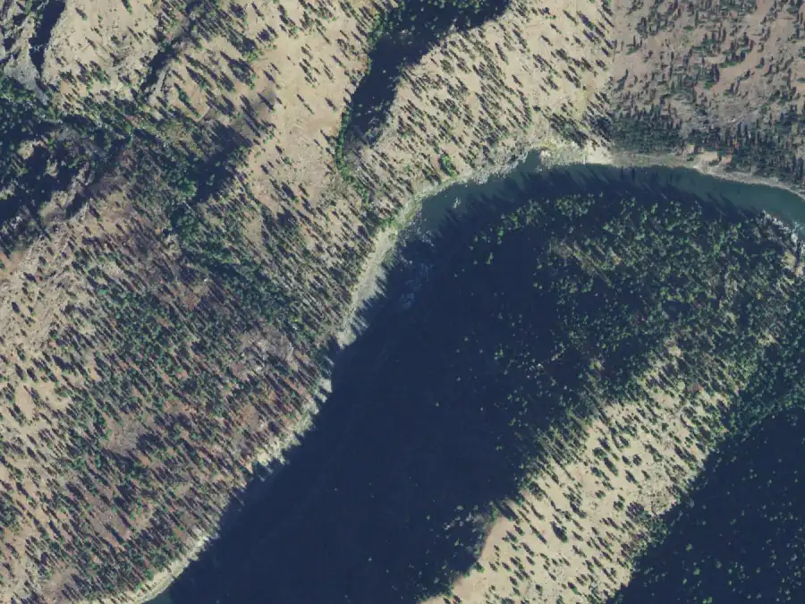 Aerial view of the river around mile 36.8, where Lower Yellowpine is on river right