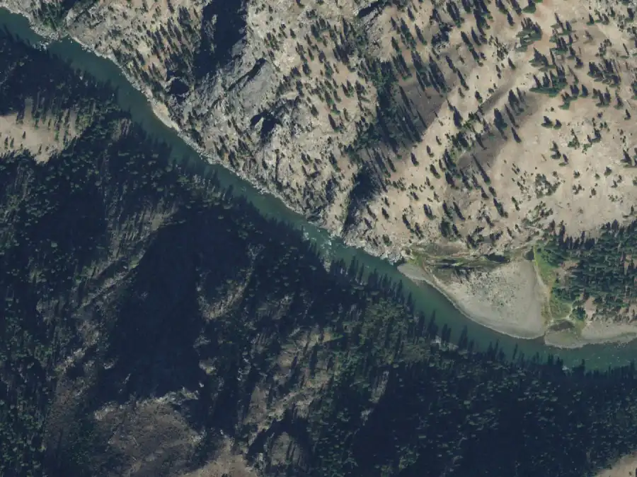 Aerial view of the river around mile 19.9, where Pebble Beach is on river left