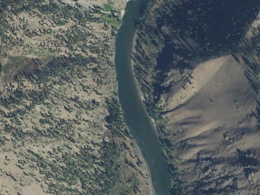 Aerial view of the river around mile 53.2, where Pebble Beach is on river left