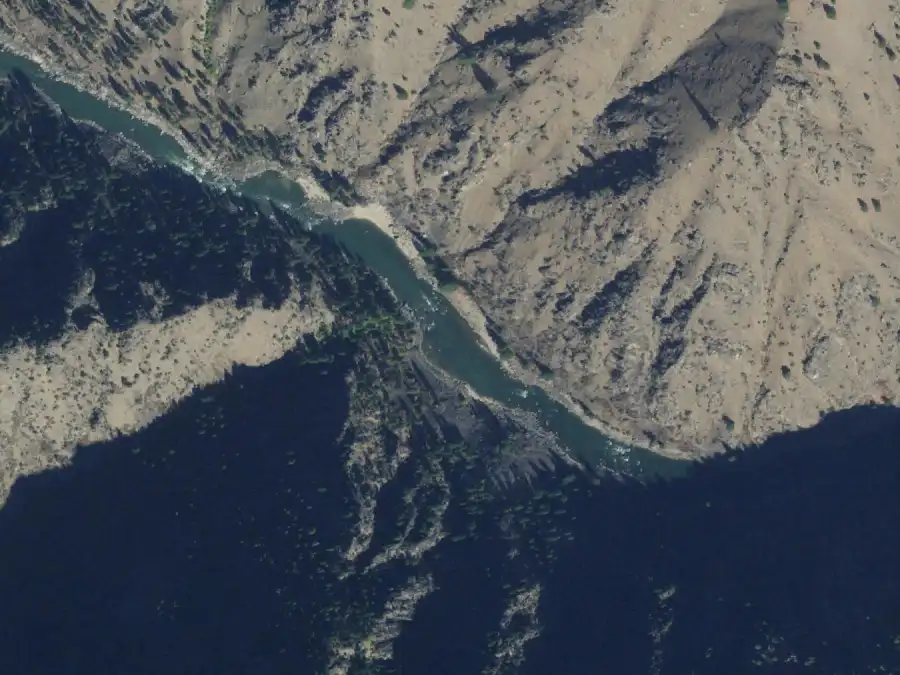 Aerial view of the river around mile 7.9, where Phantom Creek is on river right