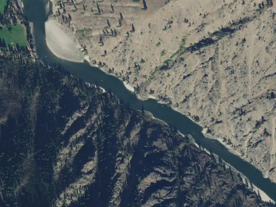 Aerial view of the river around mile 65.2, where Rabbit Creek is on river left