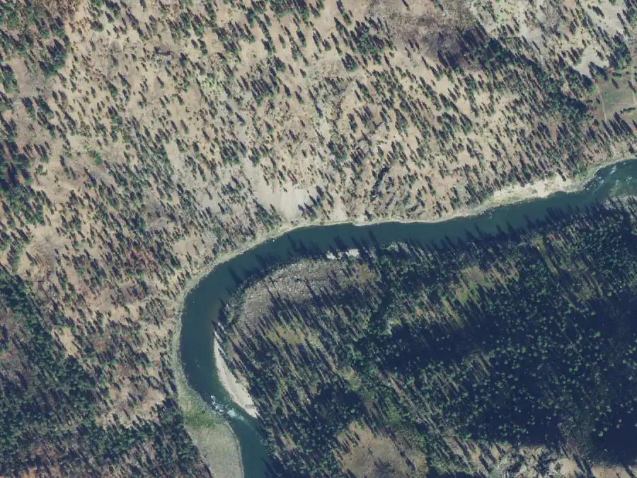 Aerial view of the river around mile 43.2, where Ruff Creek is on river left