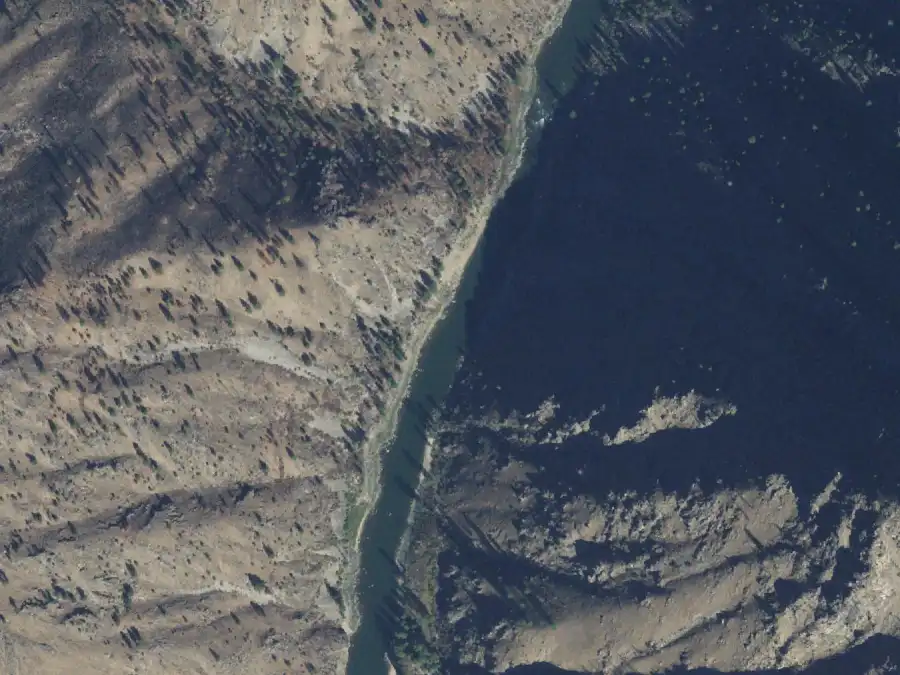 Aerial view of the river around mile 51.2, where Teepee Creek is on river right