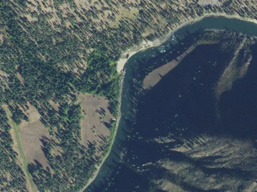 Aerial view of the river around mile 33.4, where Upper Allison Campsite is on river right