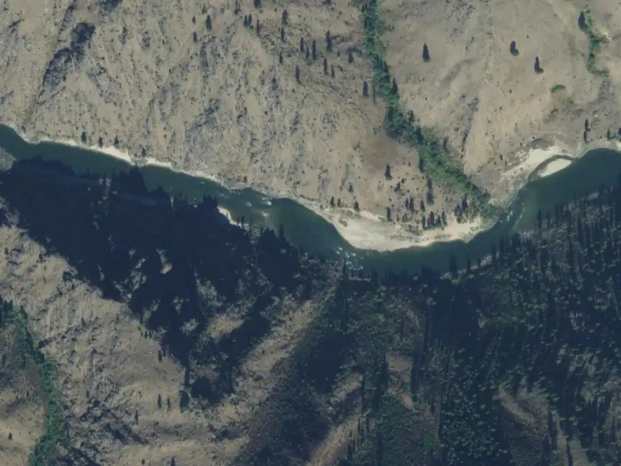 Aerial view of the river around mile 69.1, where Upper Bull Creek is on river right