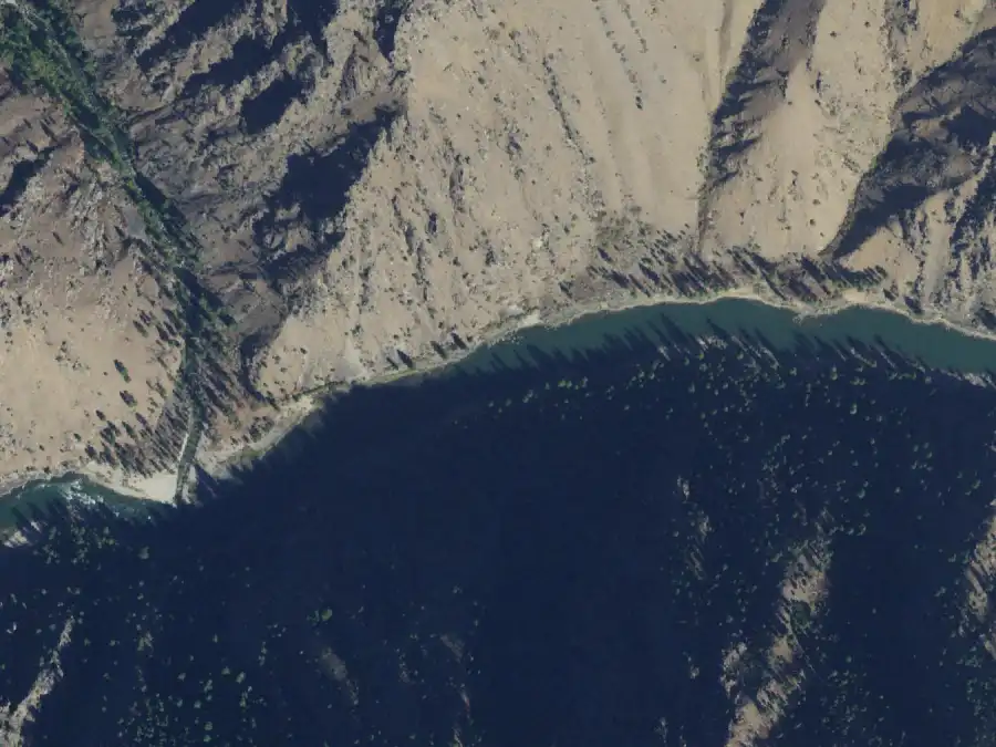Aerial view of the river around mile 3.4, where Upper Horse Creek is on river right