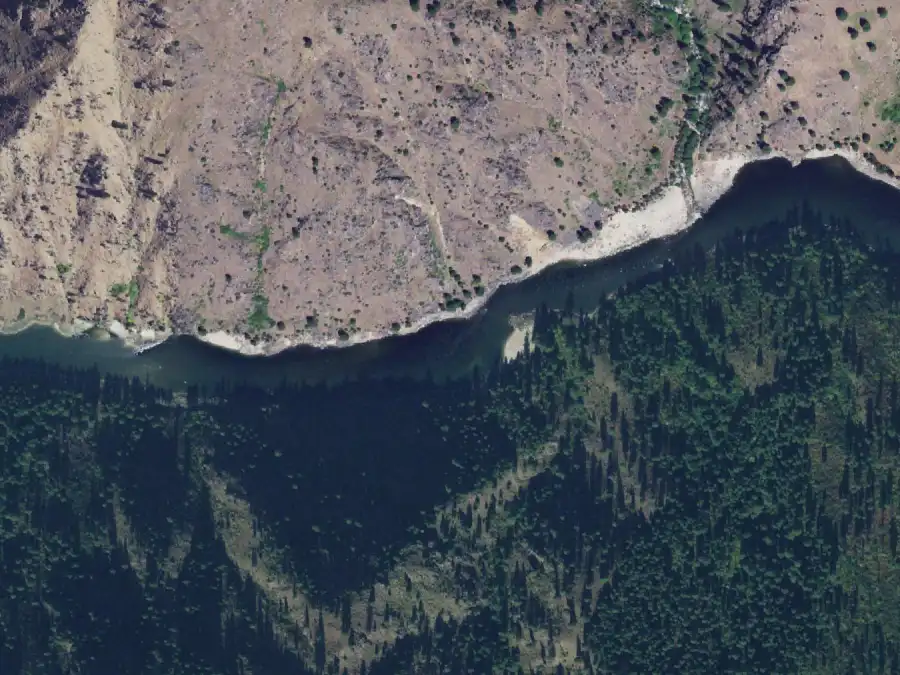 Aerial view of the river around mile 73.9, where Upper Sheep Creek is on river right