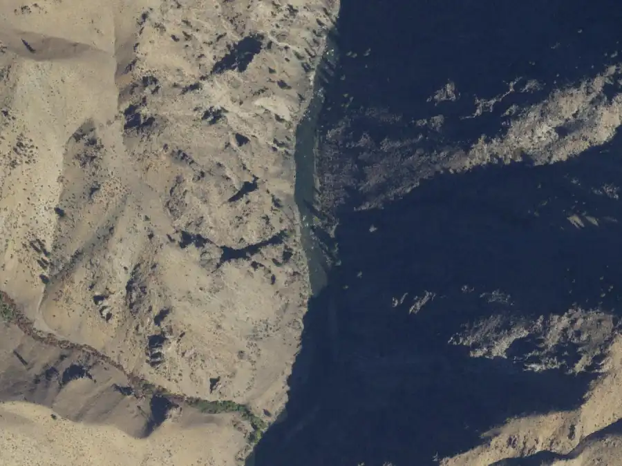 Aerial view of the river around mile 68.7, where Bernard is on river left
