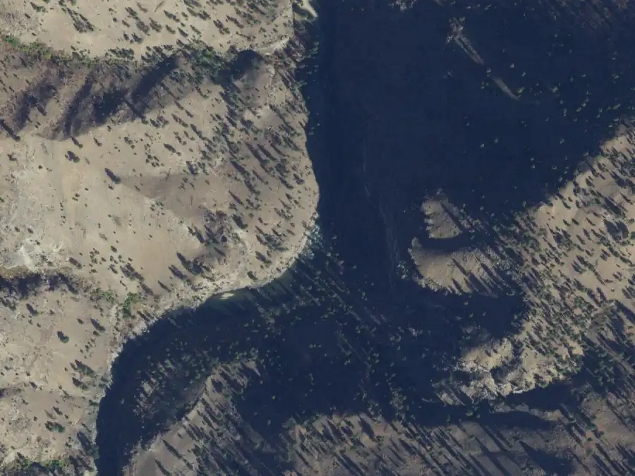 Aerial view of the river around mile 79.2, where Big Pine is on river right
