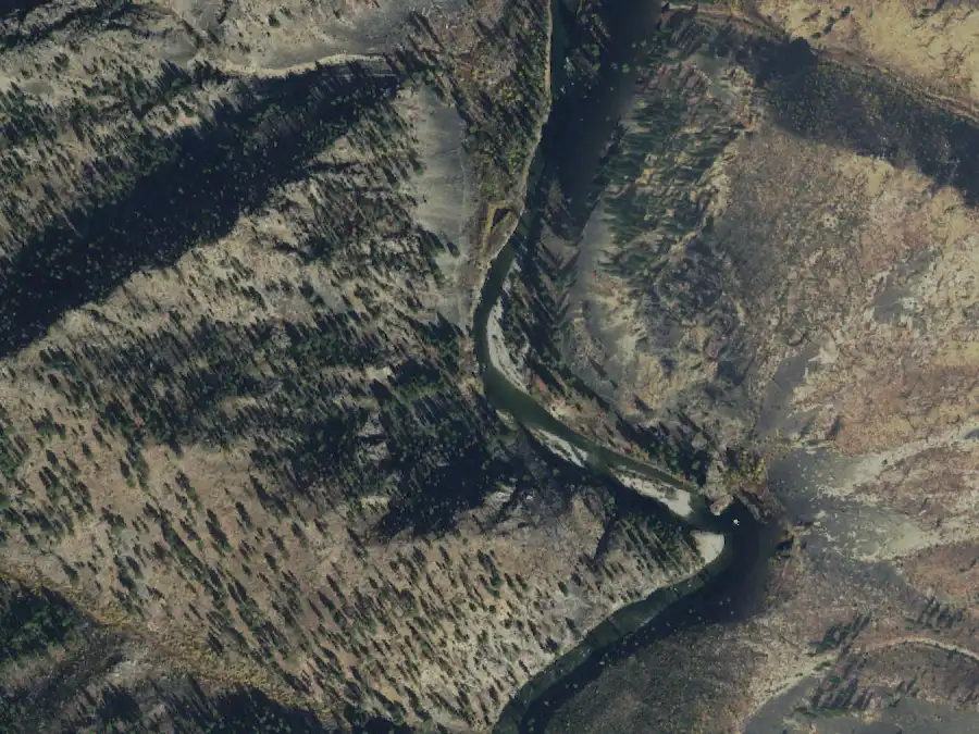 Aerial view of the river around mile 19.1, where Big Snag is on river right
