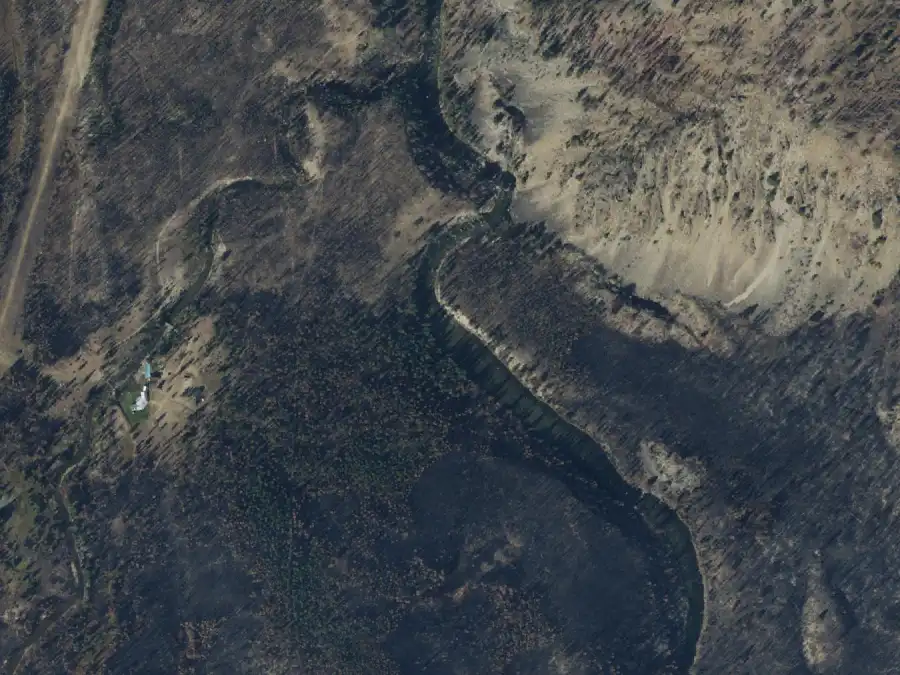 Aerial view of the river around mile 1.6, where Cable Hole is on river left
