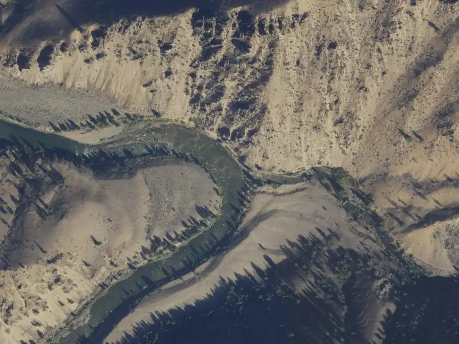 Aerial view of the river around mile 59.9, where Camas Creek is on river right