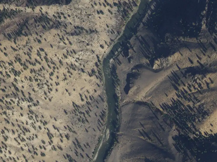 Aerial view of the river around mile 49.9, where Cow Creek is on river right