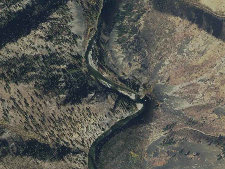 Aerial view of the river around mile 19, where Dolly Lake is on river left