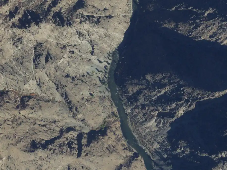 Aerial view of the river around mile 75.7, where Fly Camp is on river right