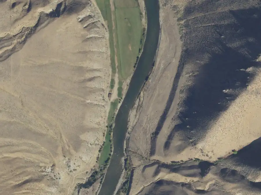 Aerial view of the river around mile 66.8, where Flying B Camp is on river right
