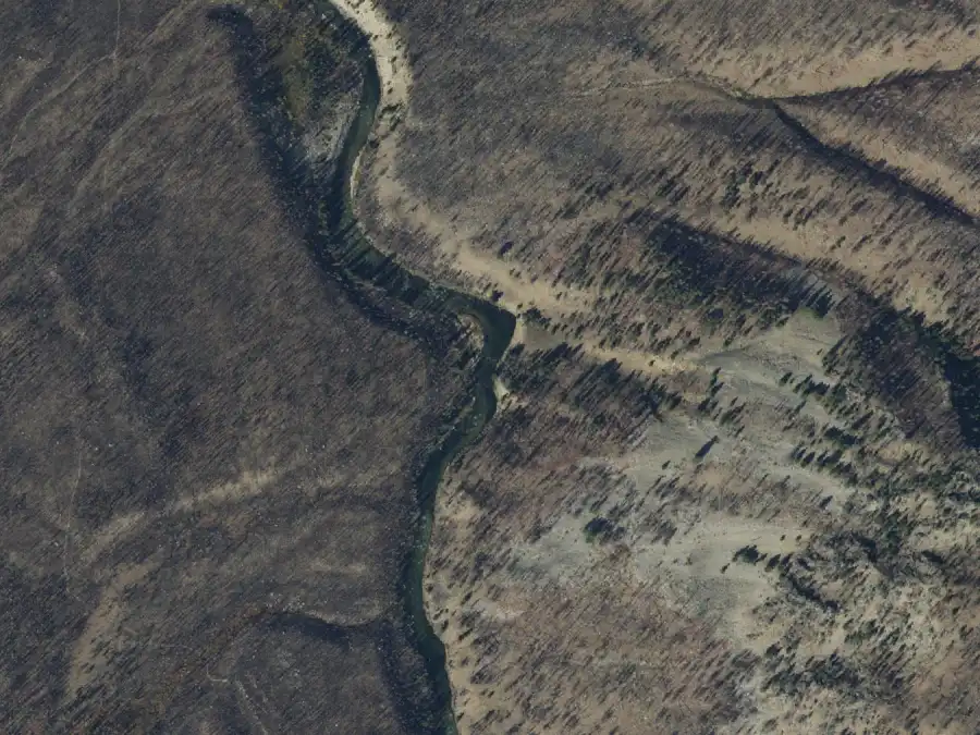 Aerial view of the river around mile 2.4, where Gardells Hole is on river right