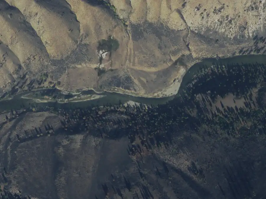Aerial view of the river around mile 35.9, where Hood Ranch is on river left