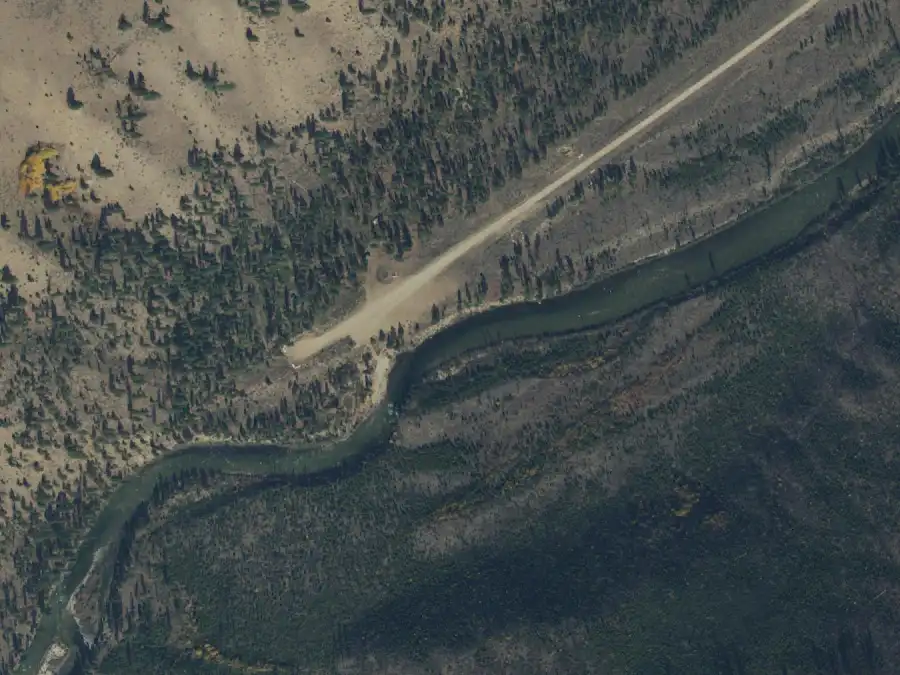 Aerial view of the river around mile 24.7, where Indian Creek Beach is on river left