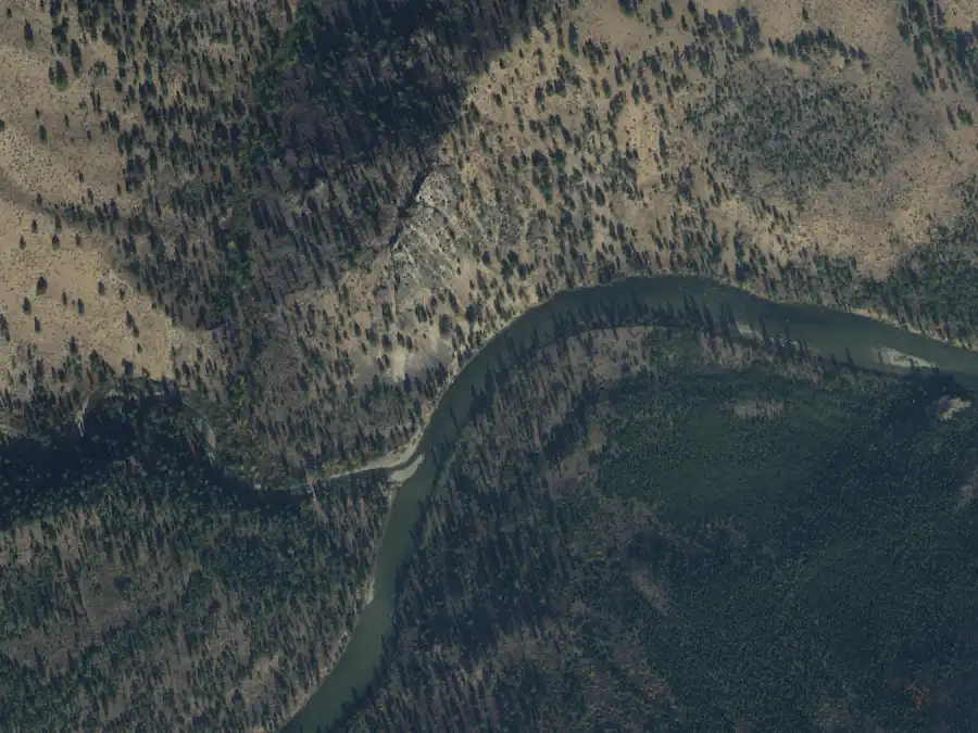 Aerial view of the river around mile 26.2, where Indian Creek Camp is on river left