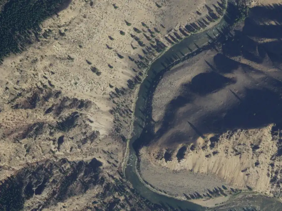 Aerial view of the river around mile 60.6, where Johnny Walker is on river left