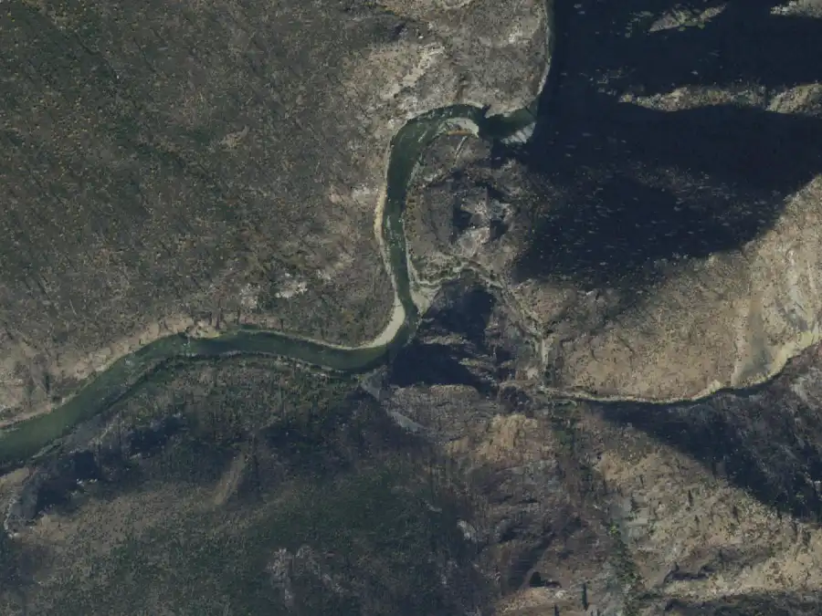 Aerial view of the river around mile 15.2, where Johns Camp is on river right