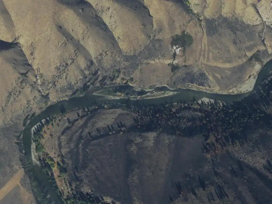 Aerial view of the river around mile 35.7, where Little Creek Bridge is on river left