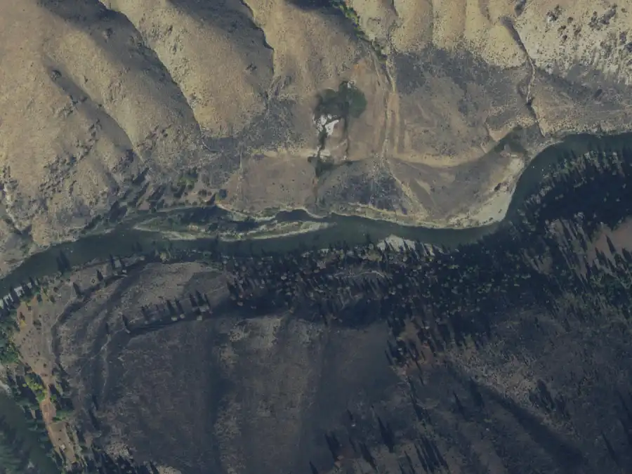 Aerial view of the river around mile 35.8, where Little Creek Camp is on river right