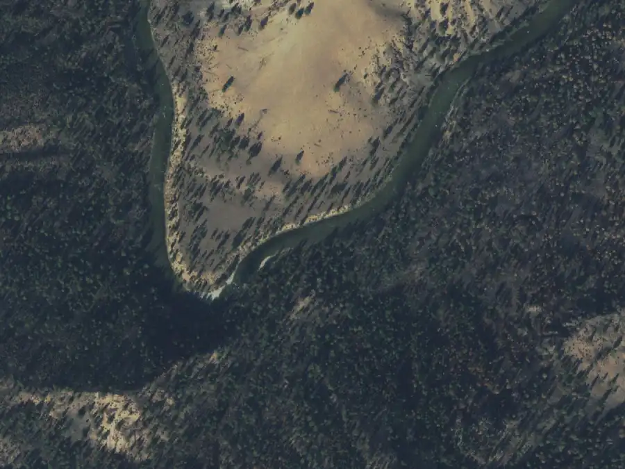 Aerial view of the river around mile 30.8, where Little Soldier is on river right