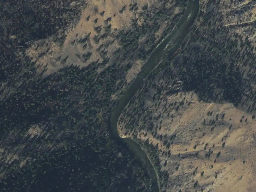 Aerial view of the river around mile 32.6, where Lost Oak is on river left