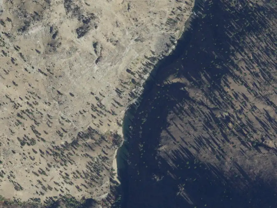 Aerial view of the river around mile 79.7, where Love Bar is on river left
