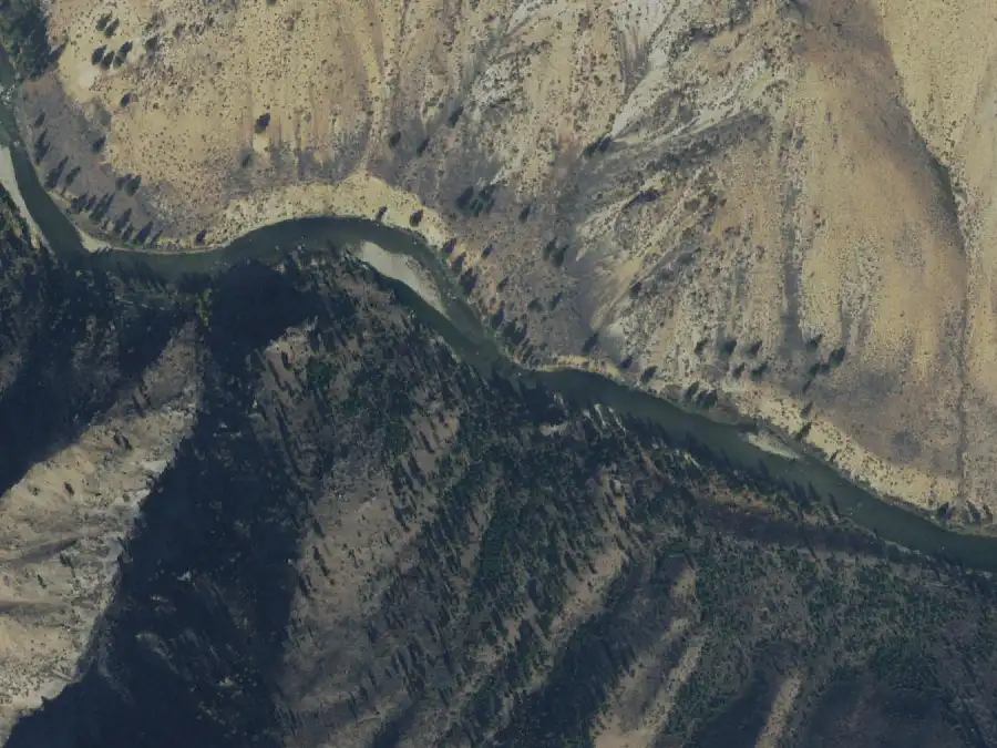 Aerial view of the river around mile 37.6, where Lower Jackass is on river right