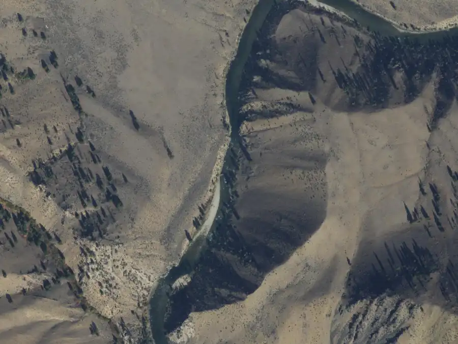 Aerial view of the river around mile 41.6, where Mahoney is on river right