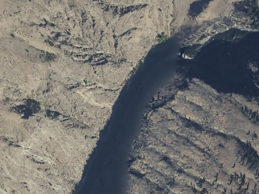 Aerial view of the river around mile 89.6, where Ouzel is on river left